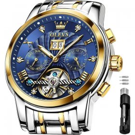 OLEVS Watch for Men Automatic Skeleton Tourbillon Mechanical Self Winding Business Luxury Dual Calendar Stainless Steel Luminous Waterproof Man Wrist Watches Blue Dial