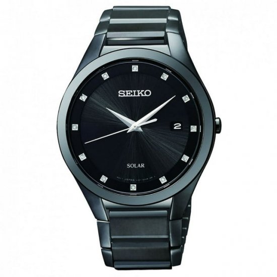 Seiko Men\'s Core 39mm Black Steel Bracelet & Case Hardlex Crystal Solar Analog Watch SNE243