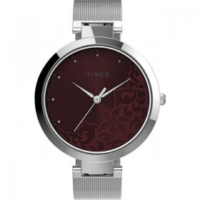 Timex Women's Silver/Purple Floral 35mm Dress Watch, Stainless Steel Mesh Bracelet