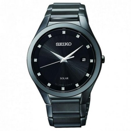 Seiko Men's Core 39mm Black Steel Bracelet & Case Hardlex Crystal Solar Analog Watch SNE243