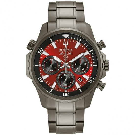 Bulova Marine Star Chronograph Quartz Red Dial Men\'s Watch 98B350