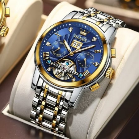 OLEVS Watch for Men Automatic Skeleton Tourbillon Mechanical Self Winding Business Luxury Dual Calendar Stainless Steel Luminous Waterproof Man Wrist Watches Blue Dial