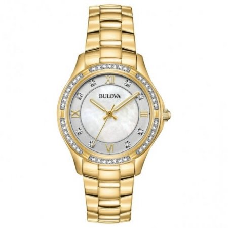 Bulova Women's Gold-Tone Stainless Steel Mother Of Pearl & Crystal Accent Watch - 98L256