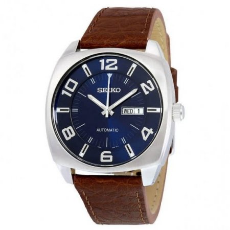 Seiko Men's Recraft Luminous Blue Dial Silver Tone Brown Leather Watch SNKN37