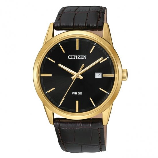 Citizen Men\'s Quartz BI5002-06E Gold Tone Leather Band Black Dial Date Watch