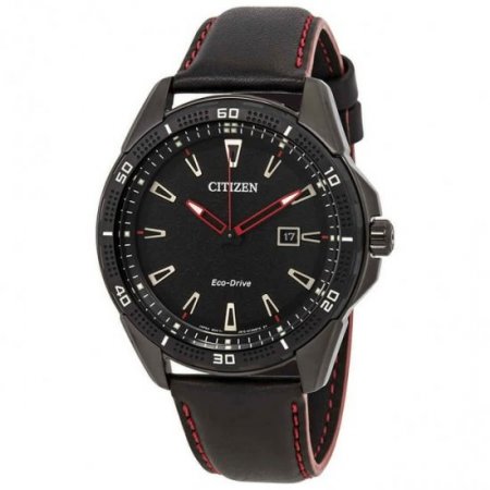 Citizen Men's Eco Drive Stainless Steel and Leather Black Dial 100M Watch