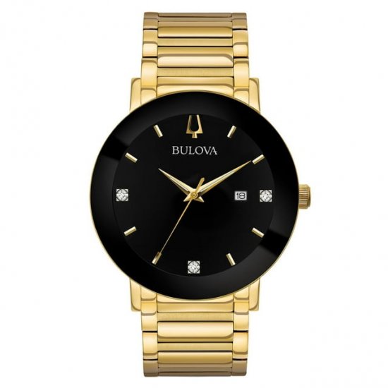 Bulova Men\'s Modern Black Dial Yellow Gold Steel Bracelet Diamond Watch 97D116