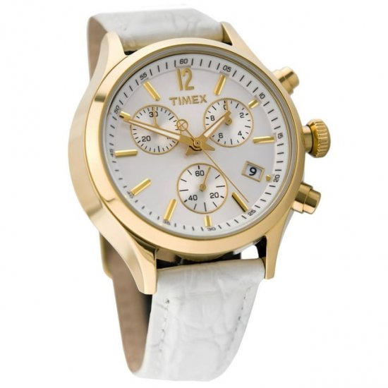 Timex T2P418 Women\'s Analog Chronograph Gold-Tone Watch White Leather Strap