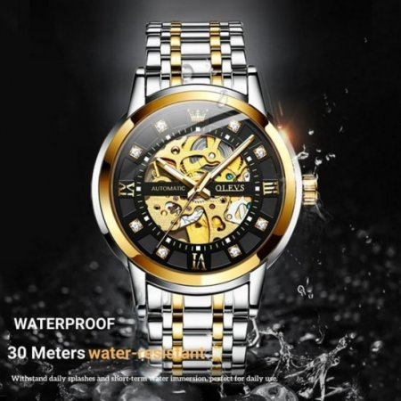 OLEVS Skeleton Watches for Men Self Winding Skeleton Luxury Casual Dress Shiny Diamond Stainless Steel Waterproof Luminous Mens Wristwatch, Gifts for Men, Male Wristwatch