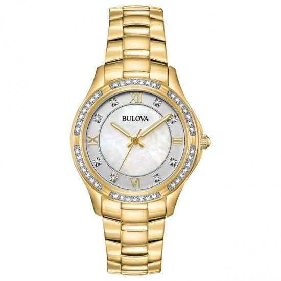 Bulova Women\'s Gold-Tone Stainless Steel Mother Of Pearl & Crystal Accent Watch - 98L256