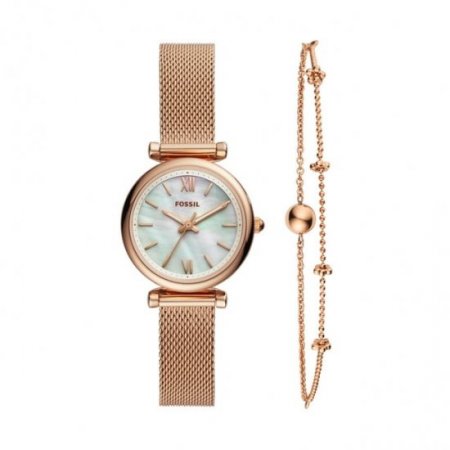 Fossil Ladies' Carlie Mini Three-Hand Rose Gold-Tone Stainless Steel Watch And Bracelet Box Set ES4443SET