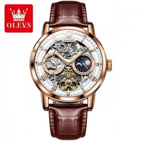 Original OLEVS Automatic Moon Phase Mechanical Watch Men Hollow Skeleton Design Leather Strap Waterproof Watch Men Moonswatch