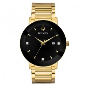 Bulova Men's Modern Black Dial Yellow Gold Steel Bracelet Diamond Watch 97D116