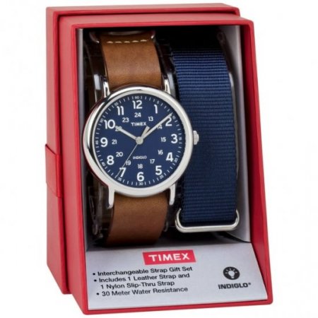 Men's Weekender 40 Watch Gift Set, Brown Leather & Blue Nylon Slip-Thru Straps