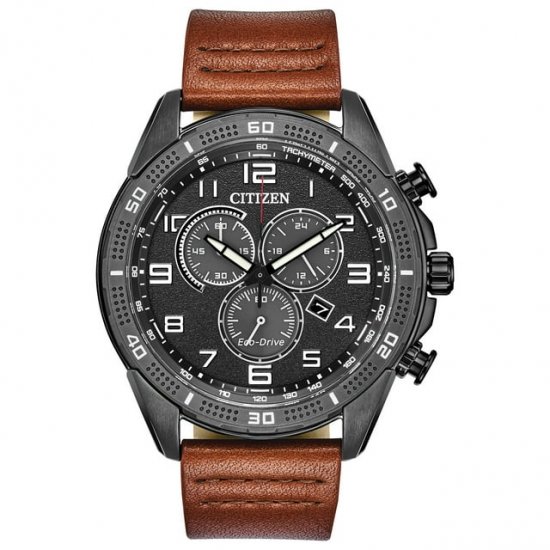 Citizen Men\'s Eco-Drive Chronograph Brown Leather Strap Watch AT2447-01E