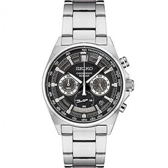 Seiko Essentials Mens Black Dial Stainless Chronograph Quartz Watch SSB397