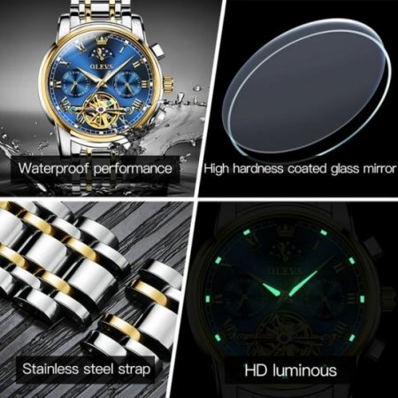 OLEVS Automatic Watches for Men Skeleton Mechanical Self Winding Luxury Business Dress Watch Moon Phase Day Date Waterproof Watch Reloj Para Hombre, Gifts for Men, Male Watch 6617