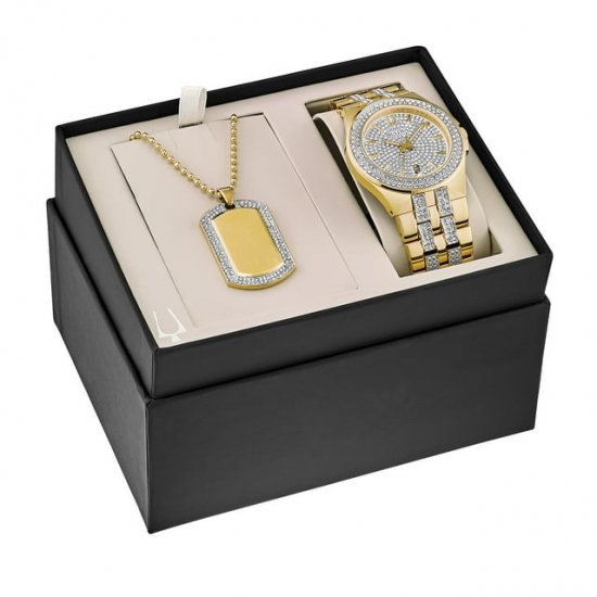 Bulova Men\'s Crystal Accent Gold-Tone PVD Watch and Dog Tag Pendant Box Set - 98K102