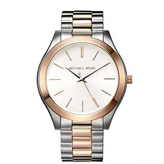 Michael Kors MK3204 Women\'s Slim Runway Two Tone Rose Gold Tone Stainless Steel Brown Dial Analog Watch