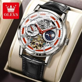 Original OLEVS Automatic Moon Phase Mechanical Watch Men Hollow Skeleton Design Leather Strap Waterproof Watch Men Moonswatch