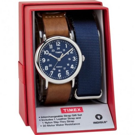 Men's Weekender 40 Watch Gift Set, Brown Leather & Blue Nylon Slip-Thru Straps